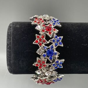 Red White Blue Rhinestone Star Stretch Bracelet  Silver Tone Crystal
